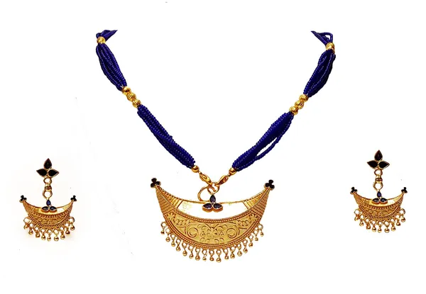 Assamese_Traditional_Gold_Plated_Blue_Colour_Joonbiri_Tassel_Jewellery_Set_For_Women